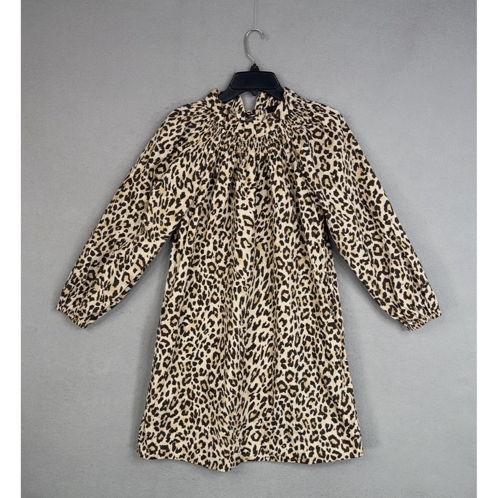J Crew Dress Womens Small Brown Leopard Print Ruffle Neck Puffe Sleeve Cotton